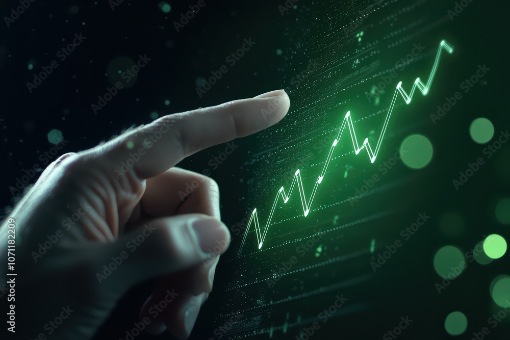 Poster hand pointing at a rising graph on a digital screen, symbolizing growth and success in business anal