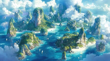 An aerial view of a tropical archipelago with white sand beaches and turquoise waters.