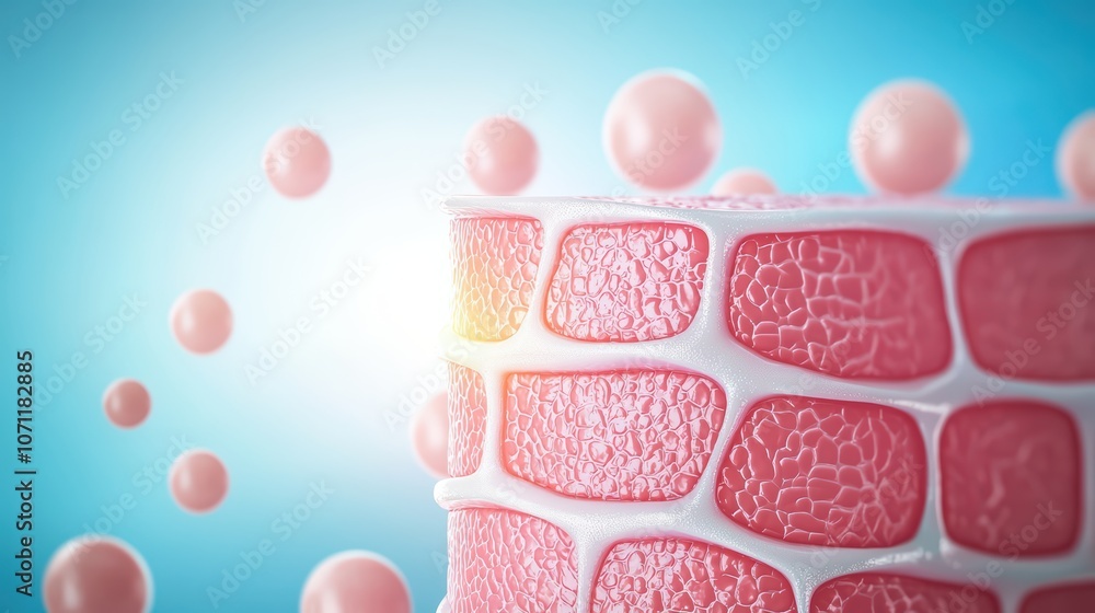 Poster microscopic view of vibrant cell structures with floating particles, showcasing intricate cellular d