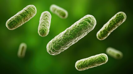 Microscopic bacteria on a green background, showcasing the diverse shapes and sizes of microorganisms.