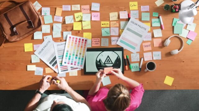 Top view of smart designer holding color palette while project manager looking at design and choosing color for program. Professional businesswoman taking a note while design creative logo. Symposium.