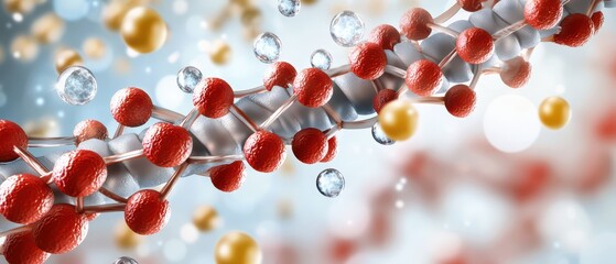 Molecular structure with red and yellow atoms, representing chemistry and scientific research.