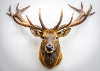 Naklejka premium Stunning Drone Photography of a Taxidermy Stuffed Wild Elk Head Against a Pure White Background, Showcasing Intricate Details and Natural Beauty in a Unique Art Presentation
