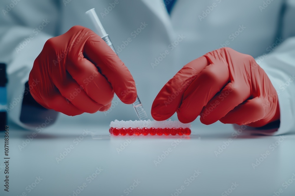 Poster scientist with red gloves conducting an experiment in a laboratory setting.