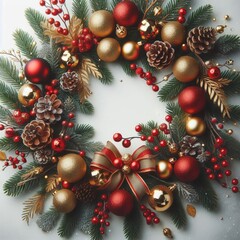 Christmas tree decorations on a red background with gold ornaments, star, and festive holiday details, creating a seasonal atmosphere for the new year, copy space