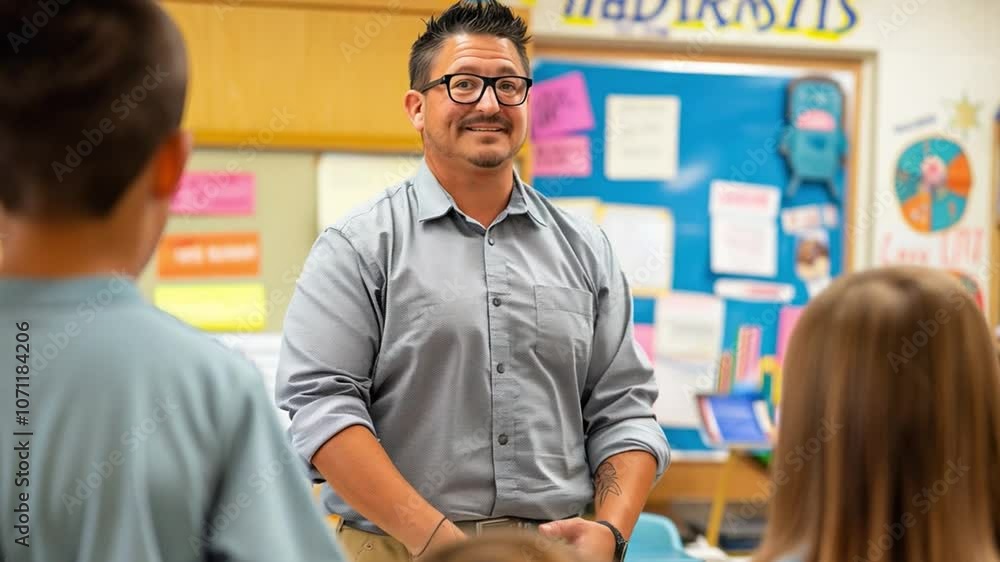 Poster this teacher smiles and interacts with students in a vibrant classroom setting.