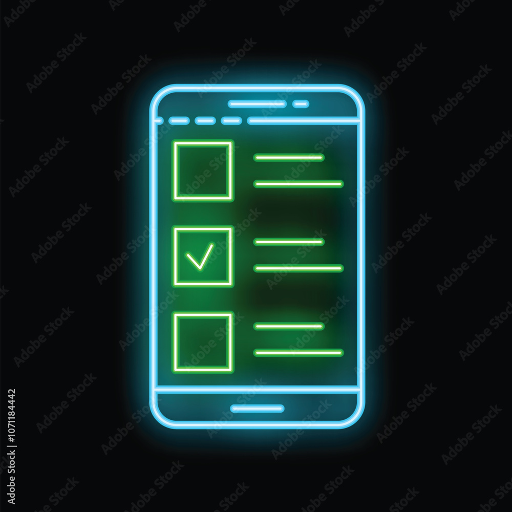 Poster glowing neon smartphone screen displaying checklist with one task completed