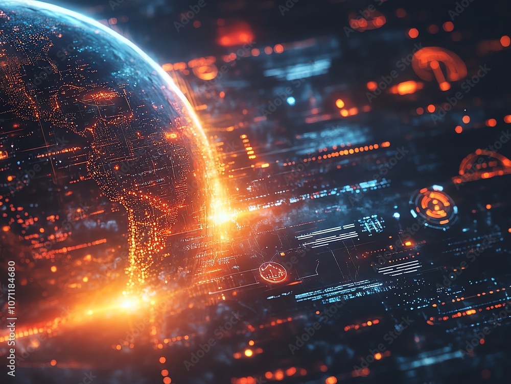 Poster A glowing digital earth with a futuristic interface, representing global connection and technology.