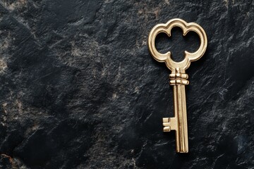 A golden key lies on a textured dark surface, symbolizing security, access, and unlocking potential.