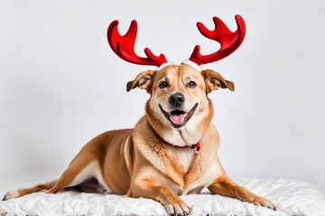  brown dog wearing Christmas reindeer antlers isolated on white background, cute holiday character illustration for festive card or decoration