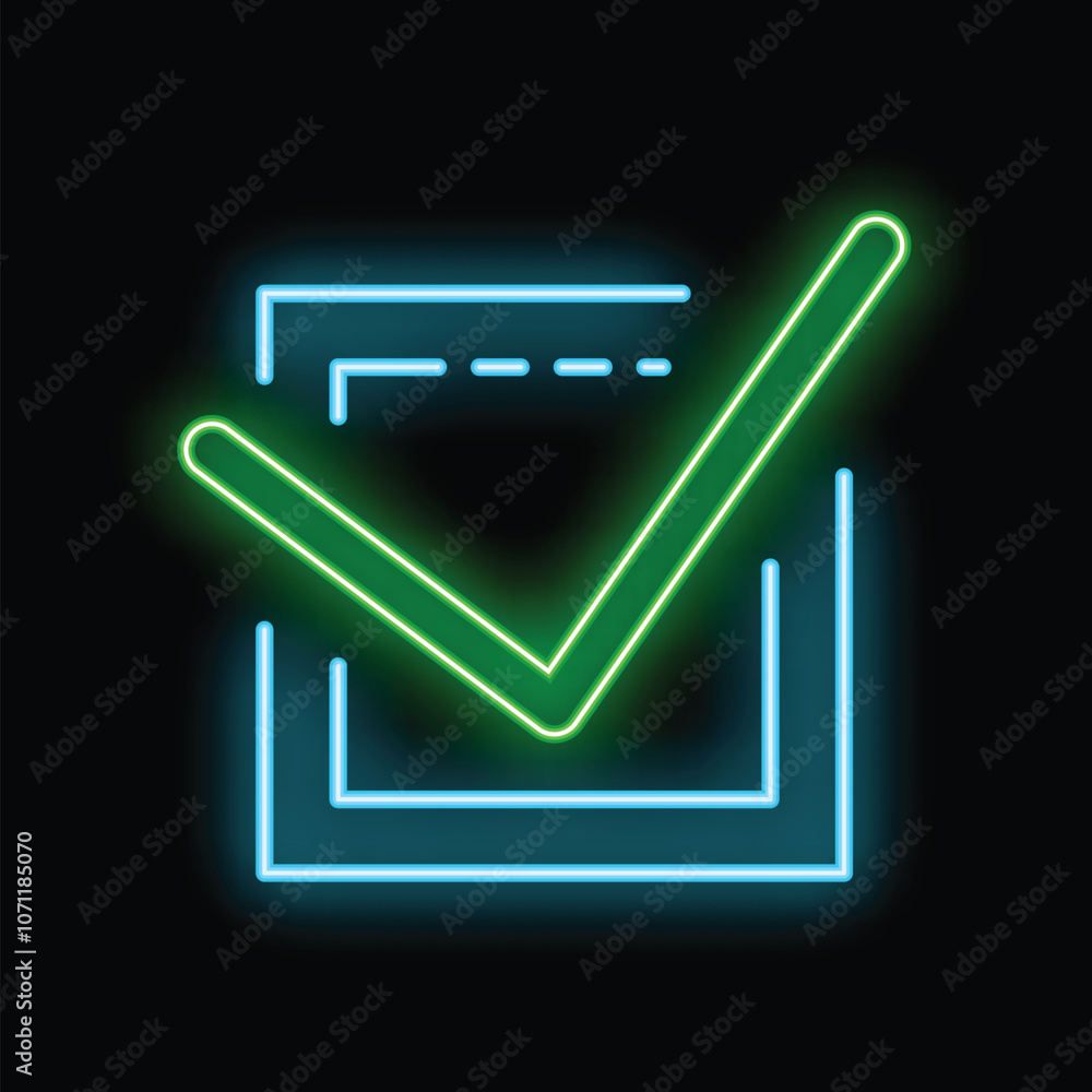 Poster glowing neon green check mark is displayed in a blue checkbox on a black background