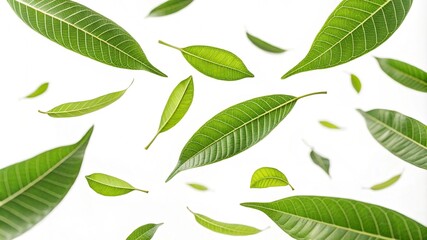 Naklejka premium The leaves of a mango are falling on a white background in full depth of field