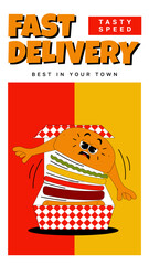 Vertical stories template with funky burger character in retro groovy style. Social media post with psychedelic fast food mascot. Fast delivery, tasty speed, best in your town. Vector poster