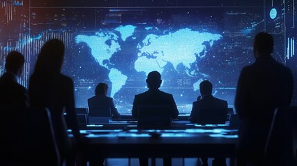 Innovative business meeting with a holographic display showing global financial trends, futuristic and dynamic