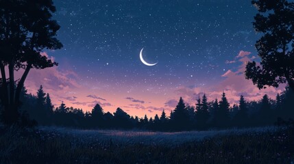Fototapeta premium A crescent moon hangs in a starry night sky over a forest.