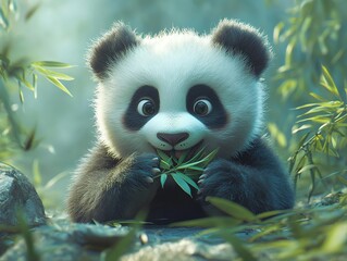 Obraz premium A cute baby panda sitting among bamboo stalks and eating a leaf with a happy expression.