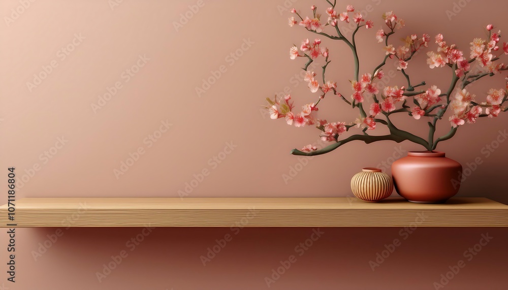 Poster shelf with flower branch 3d rendering