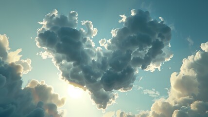 A heart-shaped formation of clouds illuminated by warm sunlight against a vibrant blue sky