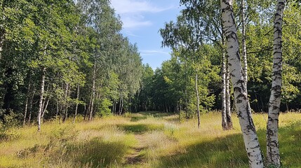 A serene birch grove in a beautiful park, filled with tall birch trees creating a peaceful and natural atmosphere. The grove showcases the unique white bark of the birches surrounded by lush greenery,