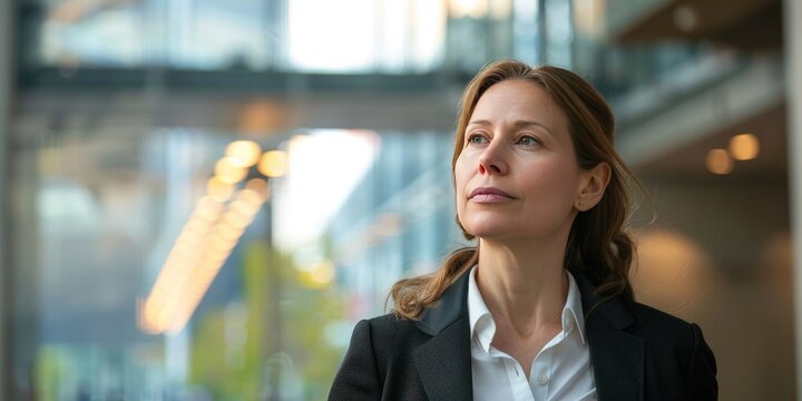 Business woman strolling through an office building with a purposeful look.