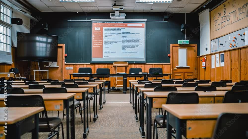 Poster This spacious classroom features empty desks and a large presentation screen ready for use.