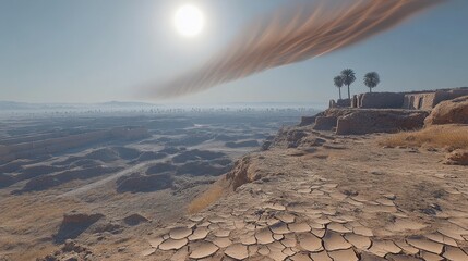 Majestic Desert Landscape Under Bright Sun with Palm Trees and Eroded Terrain in Arid Climate Capturing Vast Dry Horizons and Unique Geological Features