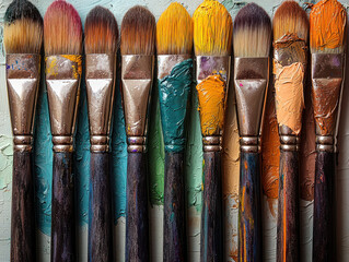 Fototapeta premium Artistic paintbrushes with vibrant colors on textured background