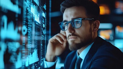 High-resolution image of a business analyst working on financial forecasts with complex data visualizations