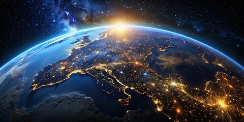 Fototapeta premium Stunning Macro Photography of Earth from Space Showcasing Nighttime Lights and Vibrant City Glow in a Beautiful Celestial Setting, Capturing the Wonder of Our Planet from Above