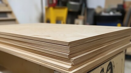 A collection of smooth birch plywood sheets stacked together, showcasing the natural wood grain and texture. The sheets display the warm, light tones of birch wood, emphasizing their smooth surface 