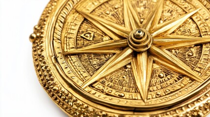 Gold compass with intricate detailing, isolated on white, symbolizing exploration and precision