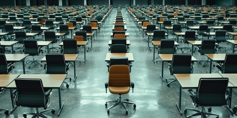 Deserted office floor with rows of desks and chairs arranged but no one present.