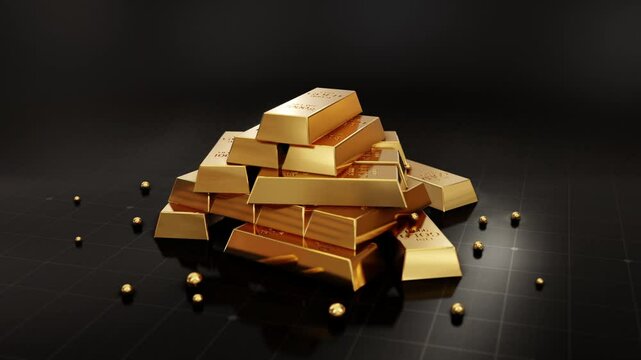 Rotating view of medium stacked gold bars on a Dark Background, showcasing luxury, wealth, and investment. Perfect for financial and luxury content. 3D animation render 4K