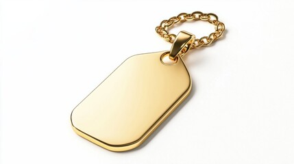 Gold dog tag pendant, isolated on white, symbolizing strength and fashion