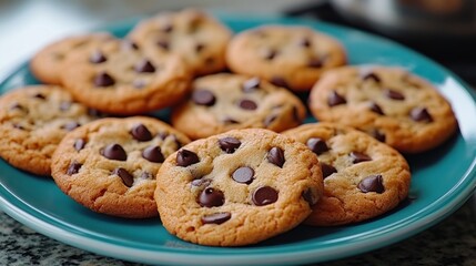 A close-up shot of a plate of freshly baked chocolate chip cookies.
