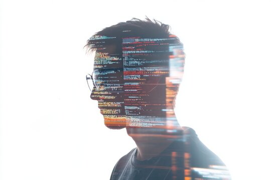 Digital Developer: Double Exposure of Programer with Virtual Coding Screens and Futuristic Data Overlays on White Background