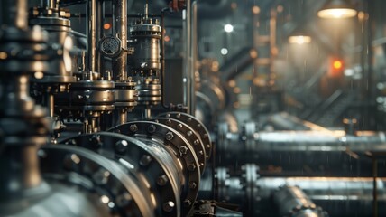 Fototapeta premium An industrial production line with intricate steel pipelines and valves