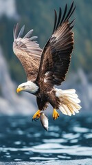Obraz premium Bald eagle flying and catching fish over water