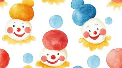 Fototapeta premium Colorful seamless pattern featuring hand painted watercolor clowns ideal for playful fabric designs and children s decor