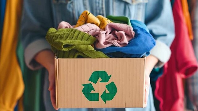 woman holdin a boy of old clother for fabric recycling