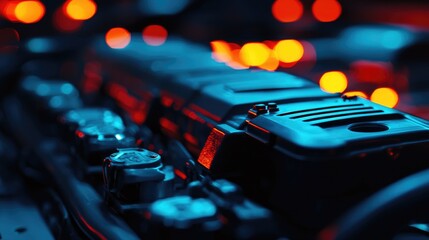 Closeup of a car engine with blue and red lights.
