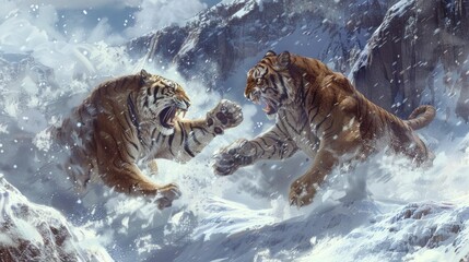 Two Tigers Fighting In The Snow