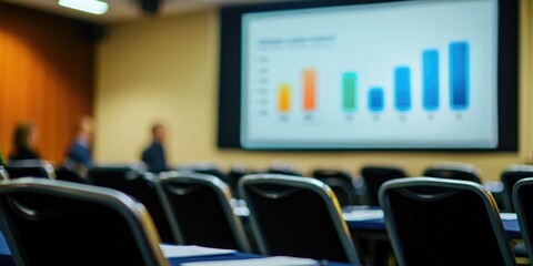 Professional business presentation with charts and graphs displayed on a screen.