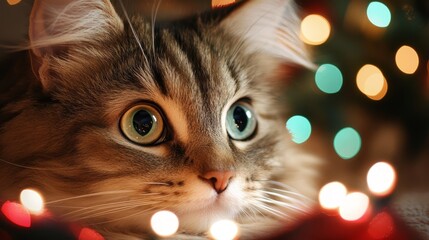 Close Up of Cute Cat with Bokeh Lights