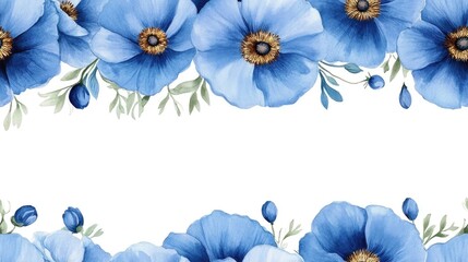 Seamless watercolor pattern of blue Himalayan poppies creating a beautiful floral wreath ideal for wedding invitations and clothing designs