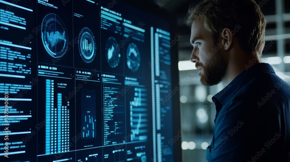 Poster data analyst working with charts on large screen