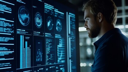 Data Analyst Working with Charts on Large Screen