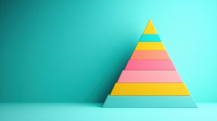 A colorful pyramid with seven steps, on a blue background.