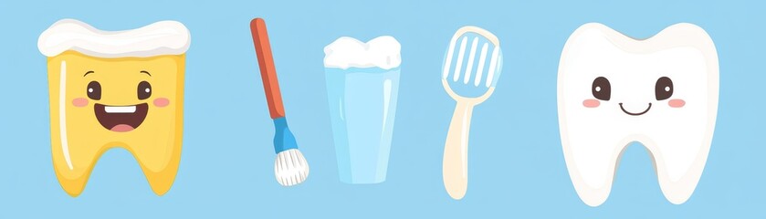 Cute Cartoon Tooth Brushing Illustration with Toothpaste  Toothbrush and Floss
