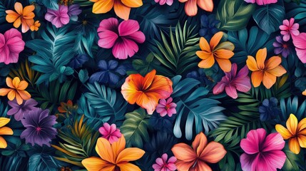 Colorful watercolor tropical floral bouquet seamless pattern for fabric and wallpaper design botanical art nature inspired